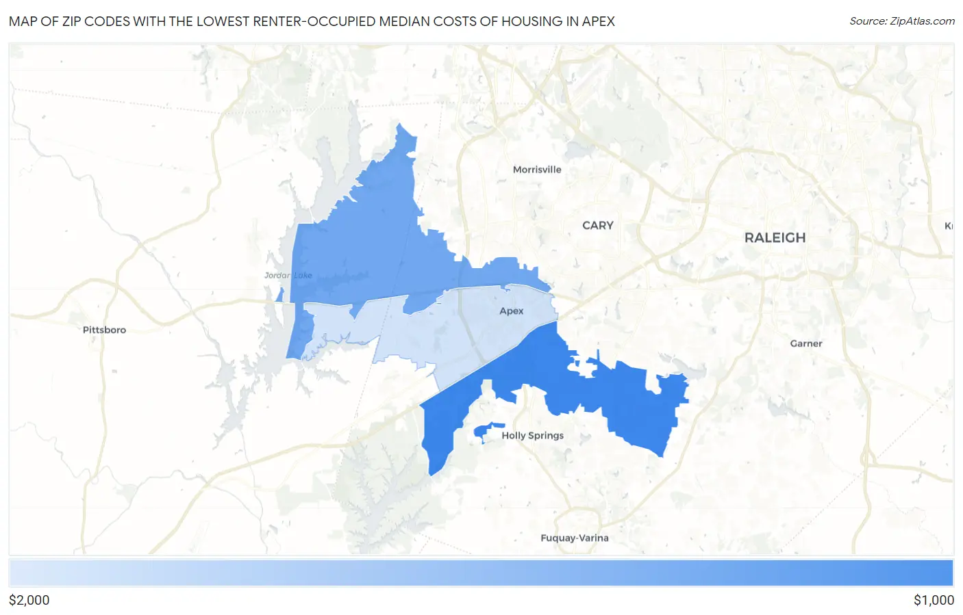 Zip Codes with the Lowest Renter-Occupied Median Costs of Housing in Apex Map