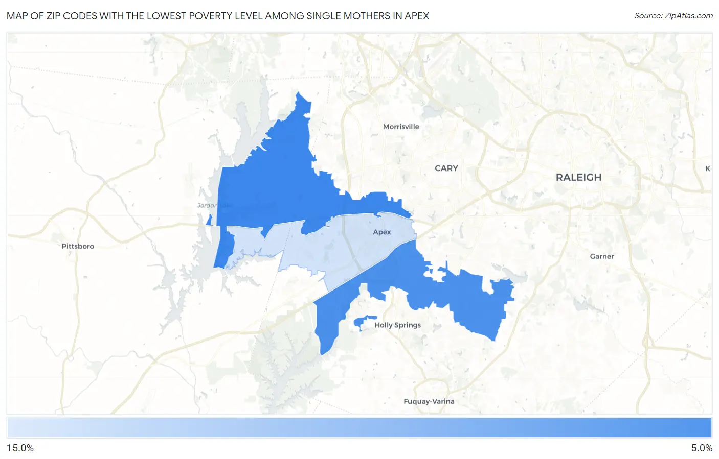 Zip Codes with the Lowest Poverty Level Among Single Mothers in Apex Map