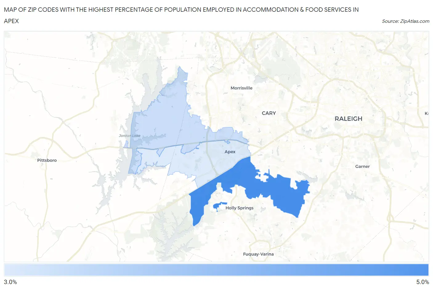 Zip Codes with the Highest Percentage of Population Employed in Accommodation & Food Services in Apex Map