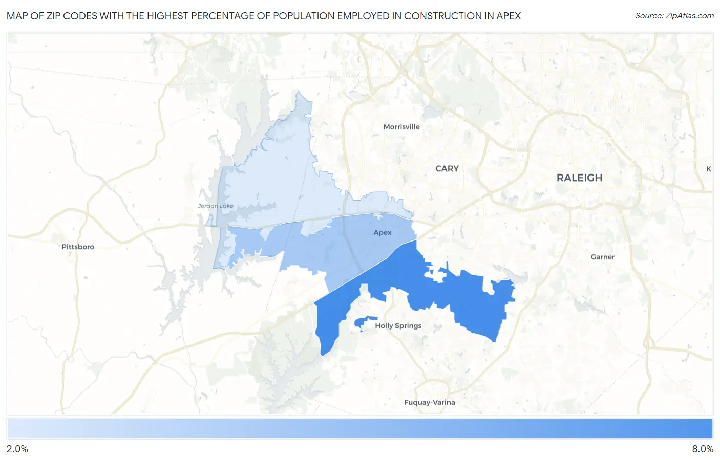 Zip Codes with the Highest Percentage of Population Employed in Construction in Apex Map
