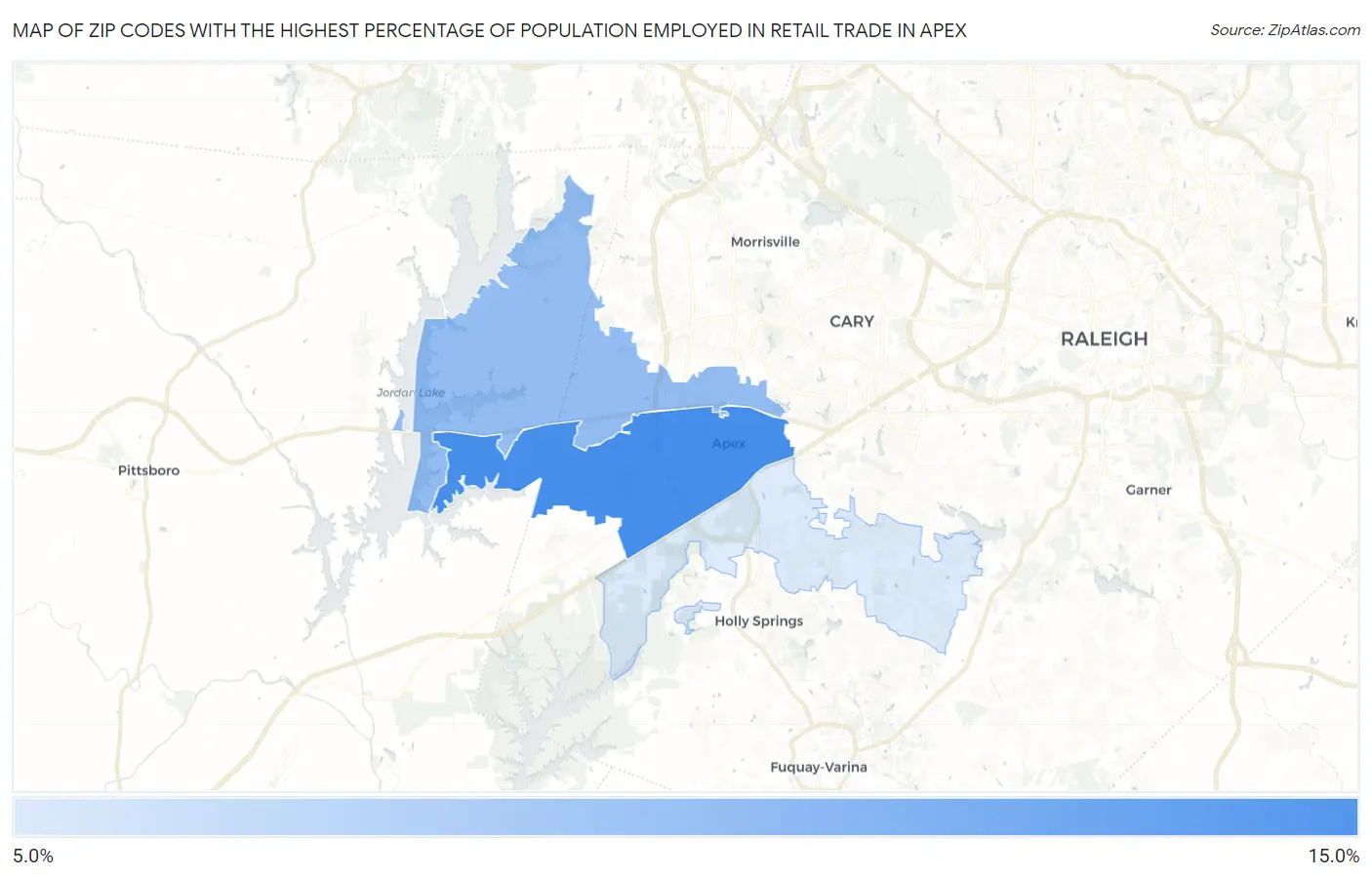 Zip Codes with the Highest Percentage of Population Employed in Retail Trade in Apex Map