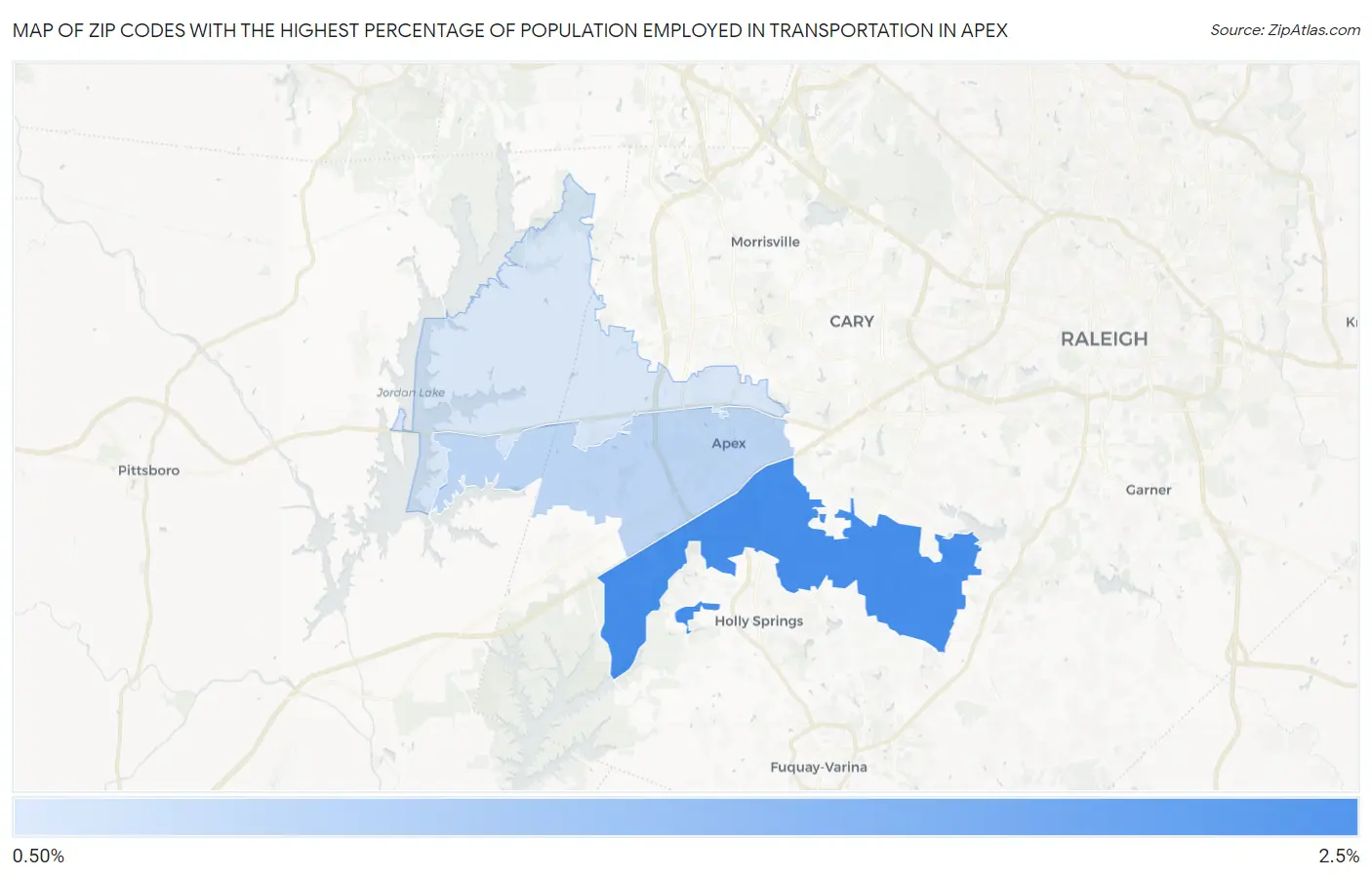 Zip Codes with the Highest Percentage of Population Employed in Transportation in Apex Map