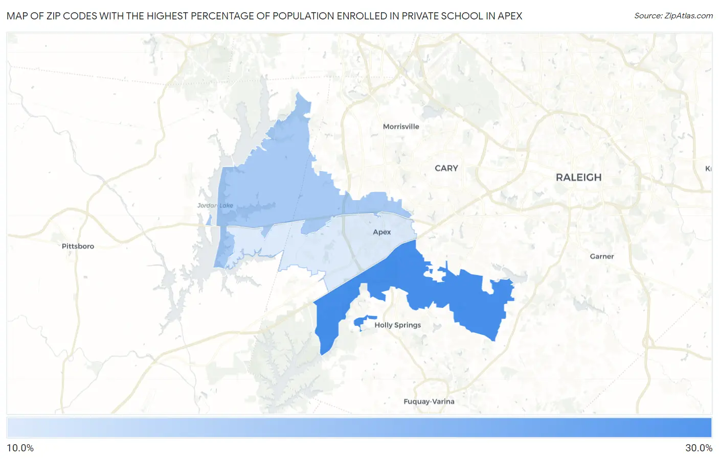 Zip Codes with the Highest Percentage of Population Enrolled in Private School in Apex Map
