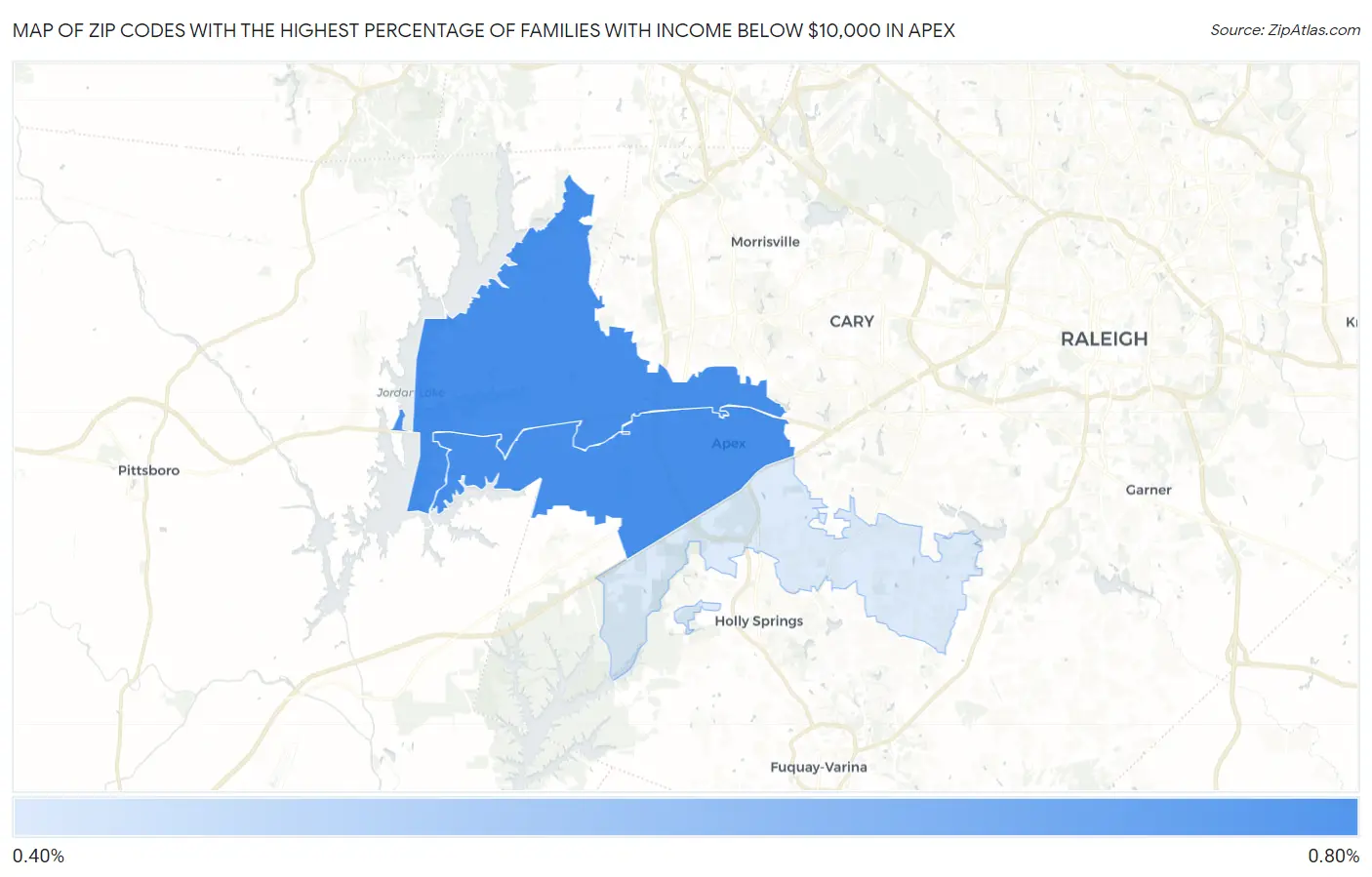 Zip Codes with the Highest Percentage of Families with Income Below $10,000 in Apex Map