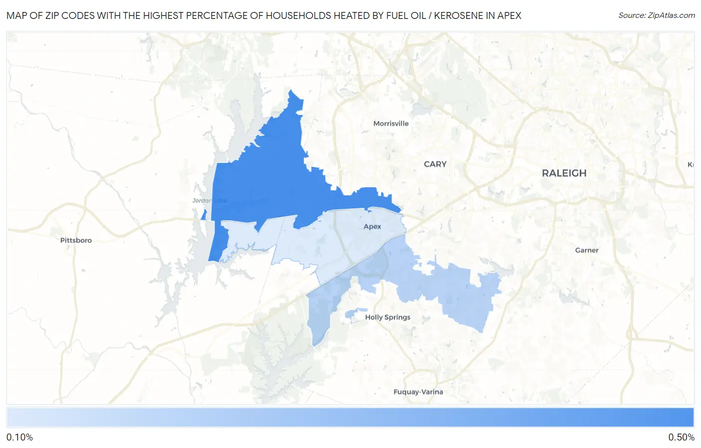 Zip Codes with the Highest Percentage of Households Heated by Fuel Oil / Kerosene in Apex Map