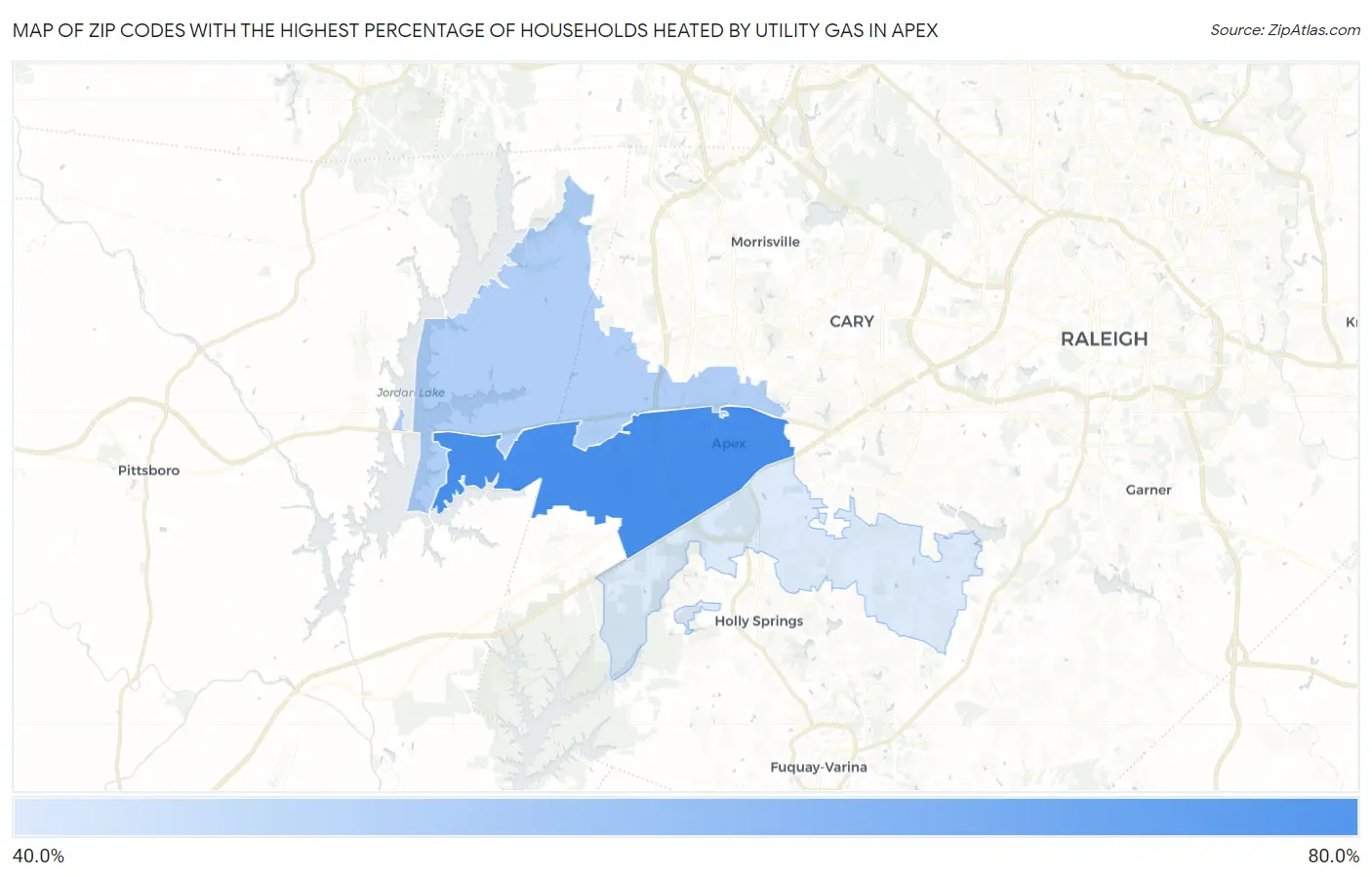 Zip Codes with the Highest Percentage of Households Heated by Utility Gas in Apex Map