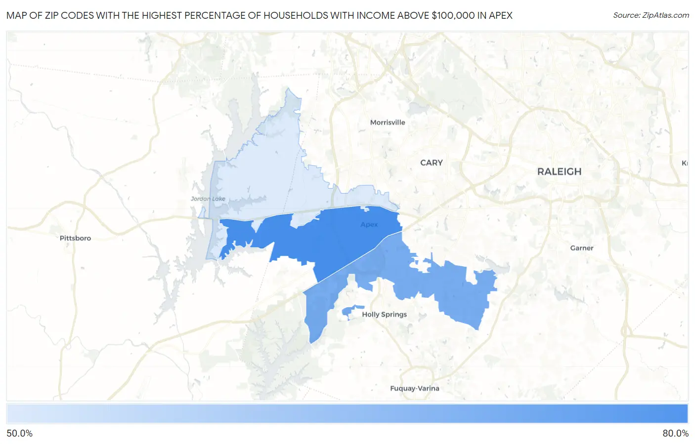 Zip Codes with the Highest Percentage of Households with Income Above $100,000 in Apex Map