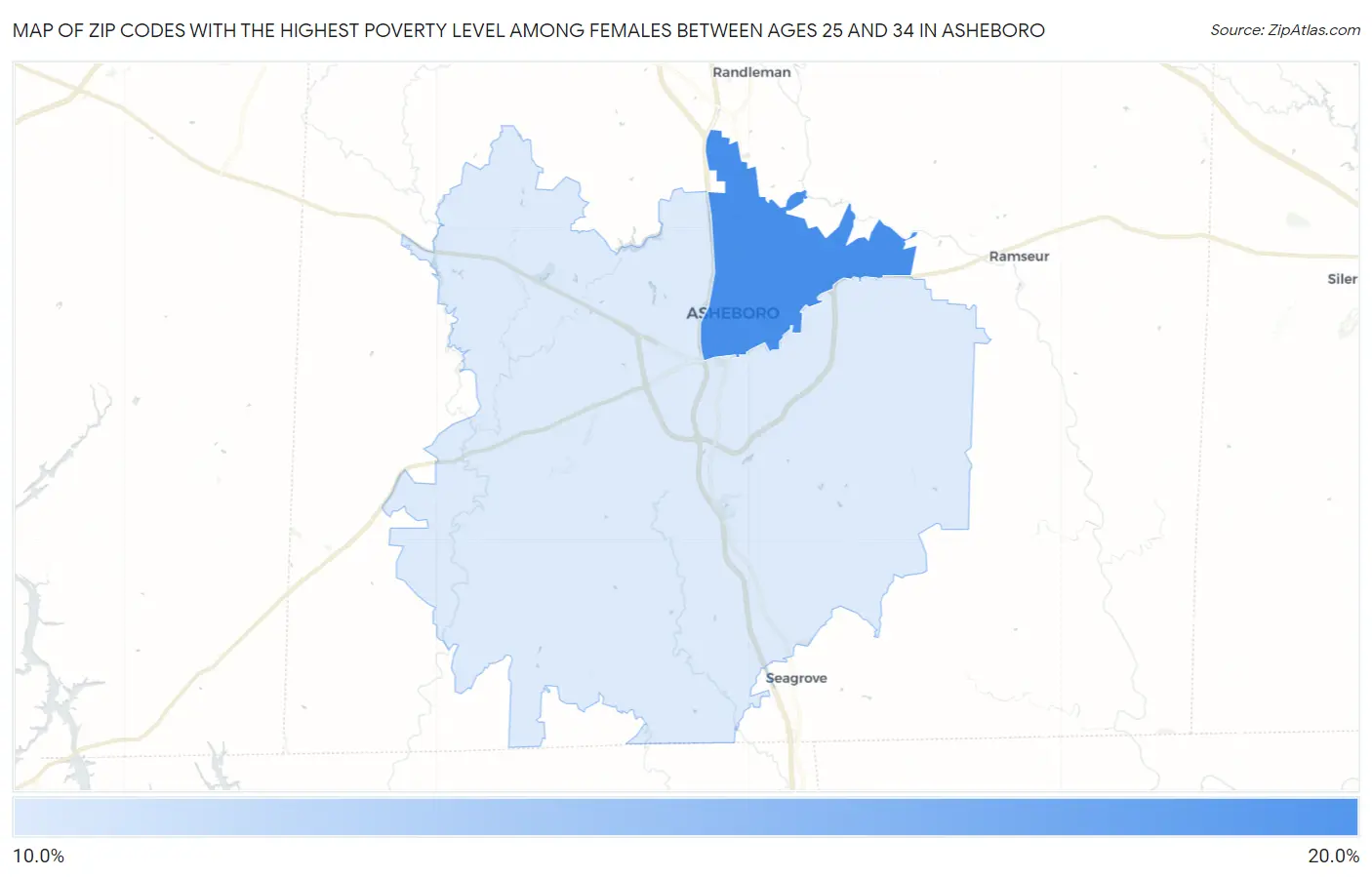 Zip Codes with the Highest Poverty Level Among Females Between Ages 25 and 34 in Asheboro Map