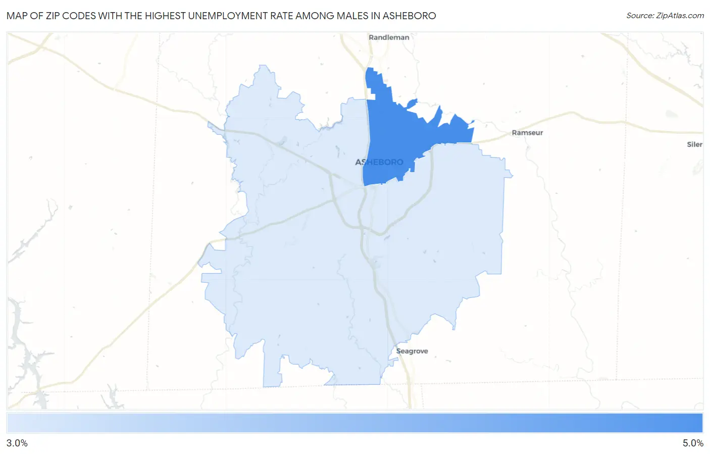 Zip Codes with the Highest Unemployment Rate Among Males in Asheboro Map
