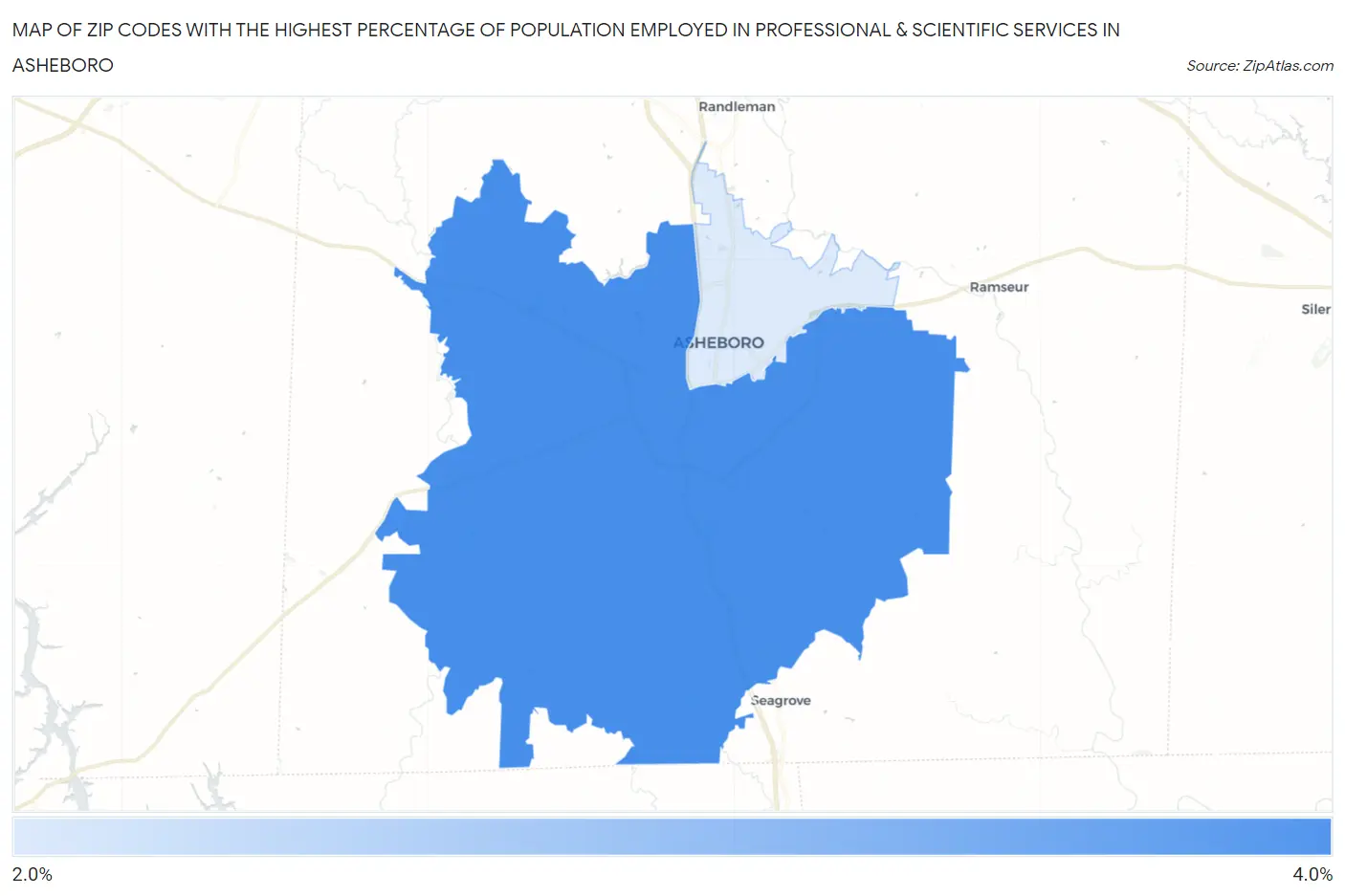 Zip Codes with the Highest Percentage of Population Employed in Professional & Scientific Services in Asheboro Map