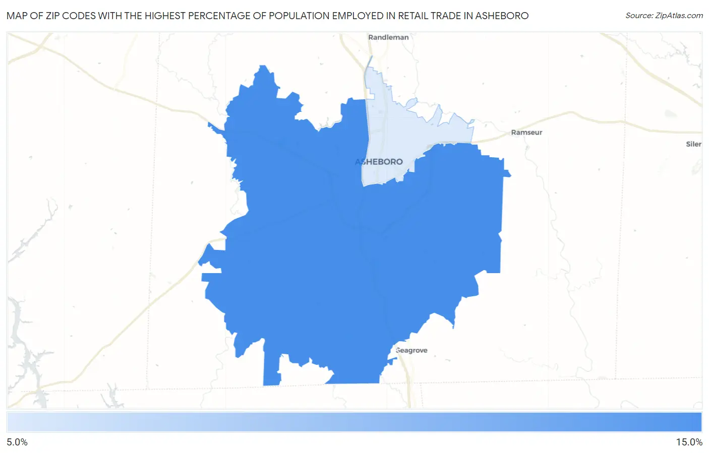 Zip Codes with the Highest Percentage of Population Employed in Retail Trade in Asheboro Map