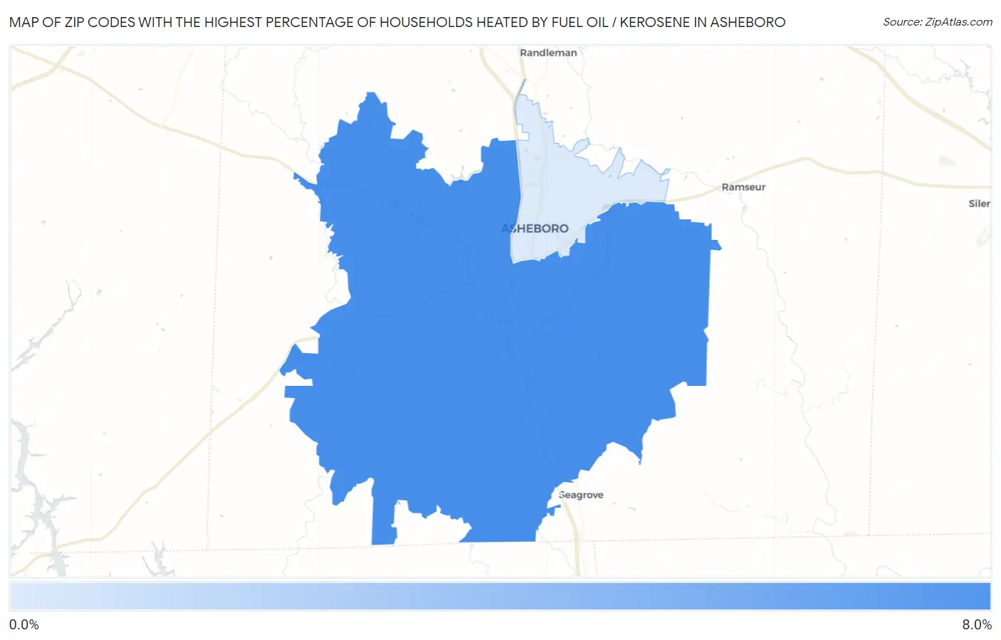 Zip Codes with the Highest Percentage of Households Heated by Fuel Oil / Kerosene in Asheboro Map