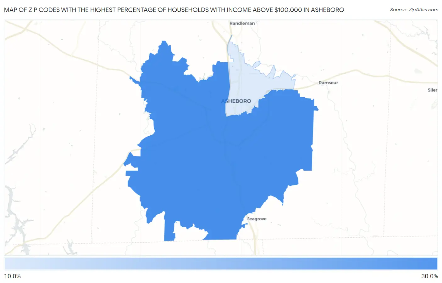 Zip Codes with the Highest Percentage of Households with Income Above $100,000 in Asheboro Map