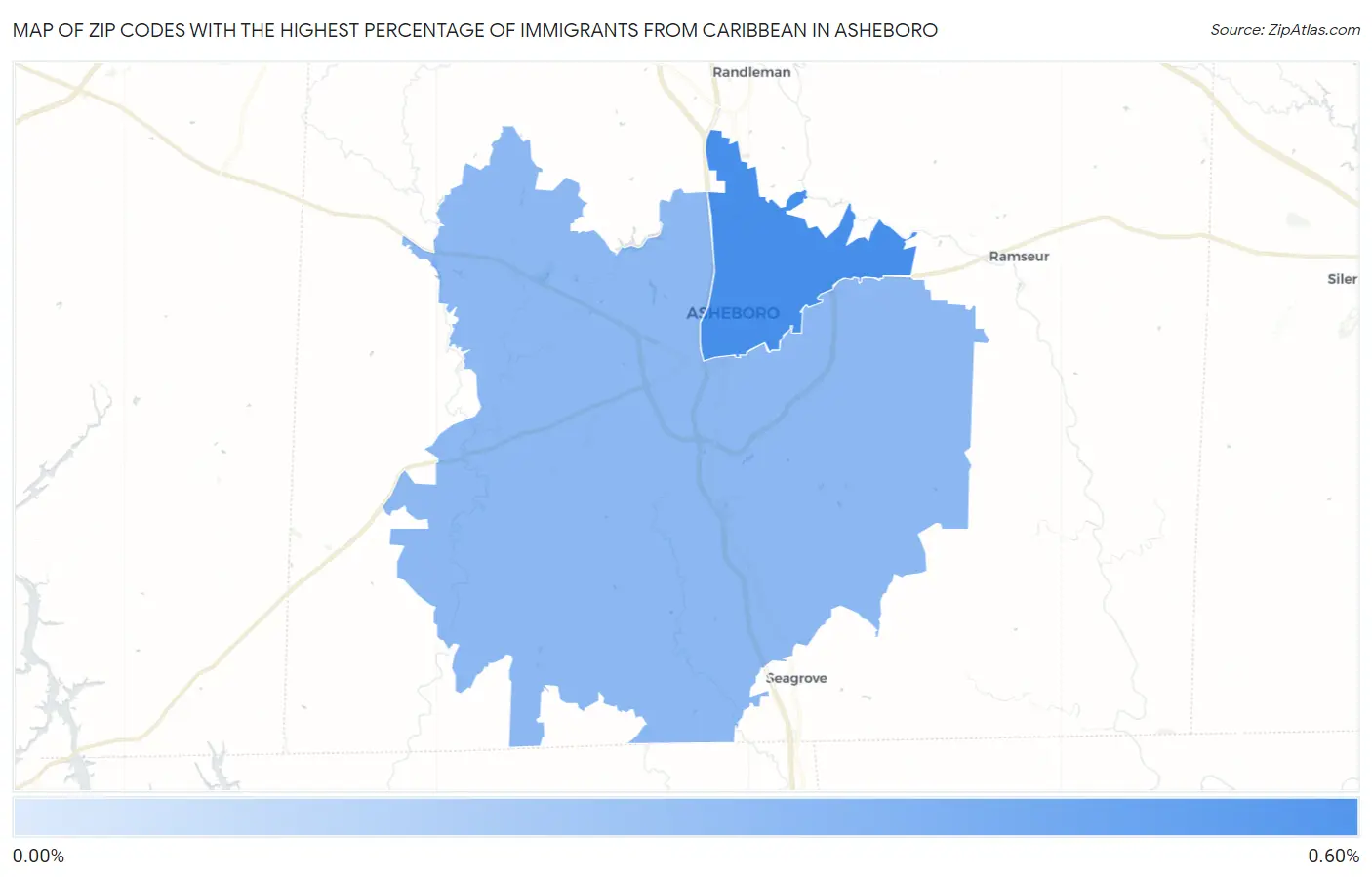 Zip Codes with the Highest Percentage of Immigrants from Caribbean in Asheboro Map