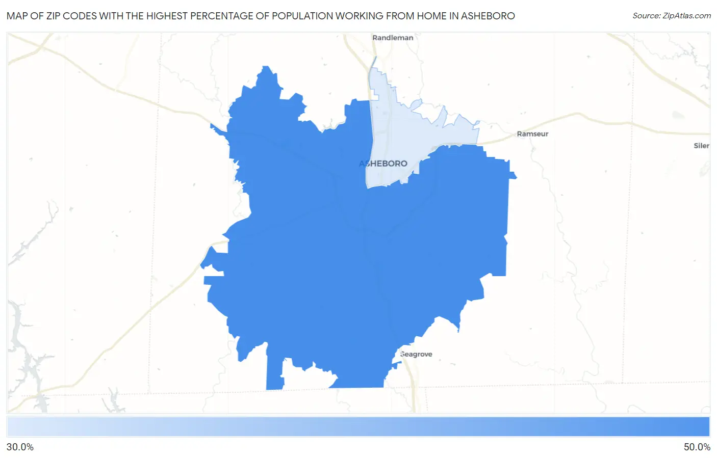 Zip Codes with the Highest Percentage of Population Working from Home in Asheboro Map