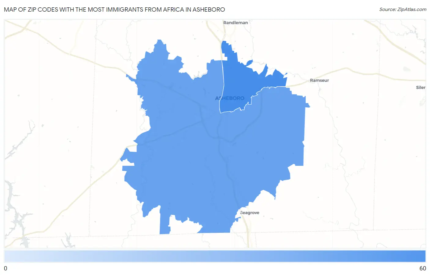 Zip Codes with the Most Immigrants from Africa in Asheboro Map