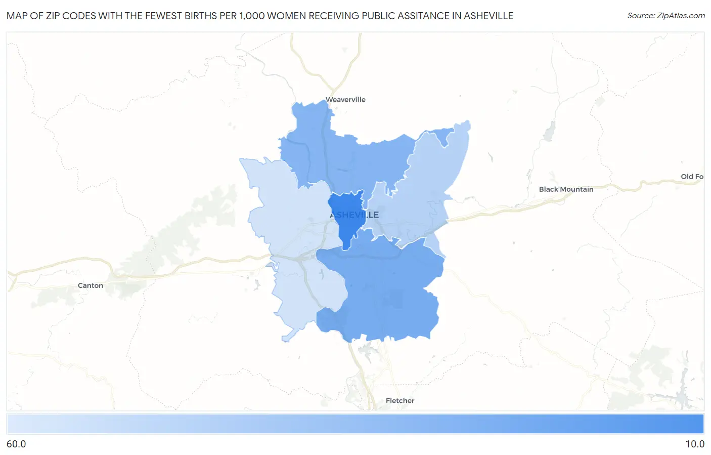 Zip Codes with the Fewest Births per 1,000 Women Receiving Public Assitance in Asheville Map