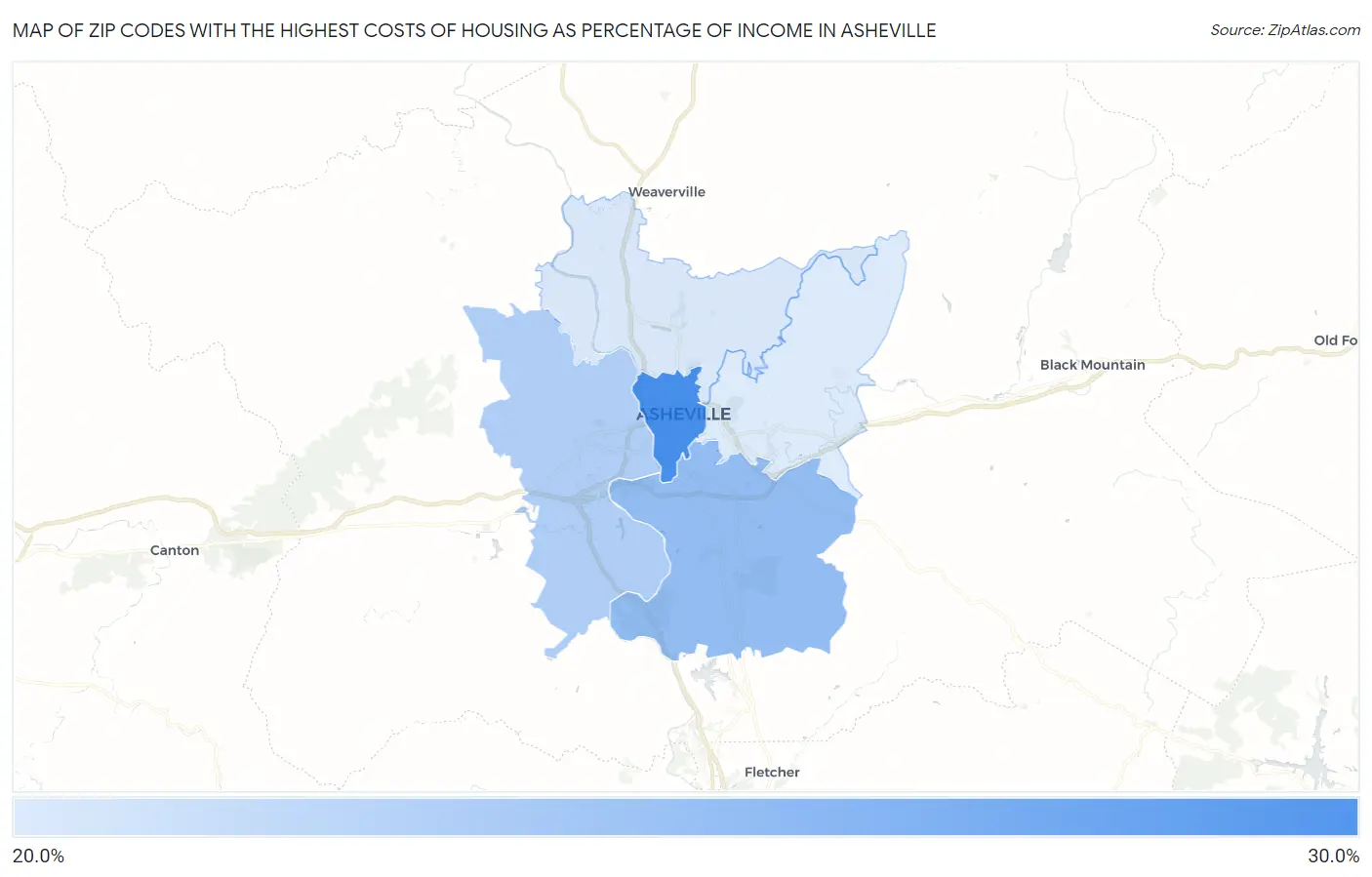 Zip Codes with the Highest Costs of Housing as Percentage of Income in Asheville Map