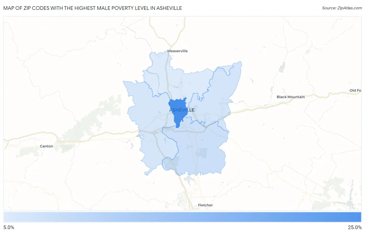 Zip Codes with the Highest Male Poverty Level in Asheville Map