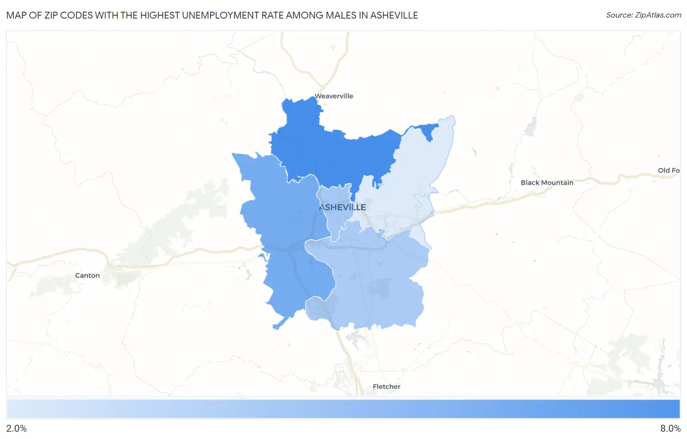 Zip Codes with the Highest Unemployment Rate Among Males in Asheville Map
