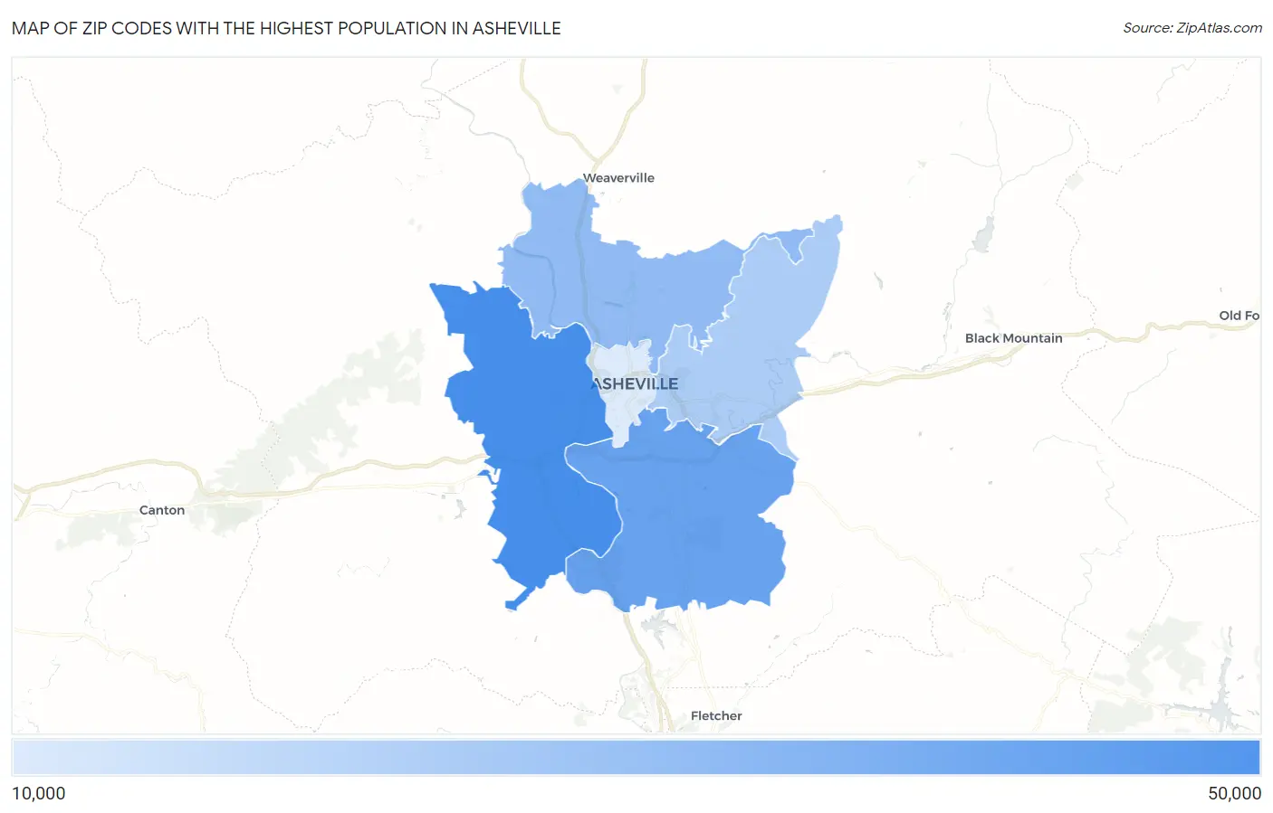 Zip Codes with the Highest Population in Asheville Map