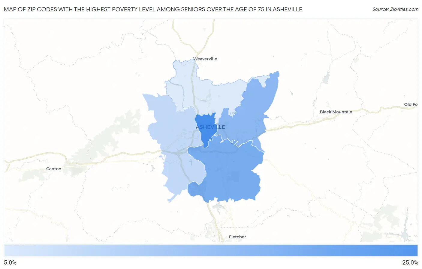 Zip Codes with the Highest Poverty Level Among Seniors Over the Age of 75 in Asheville Map