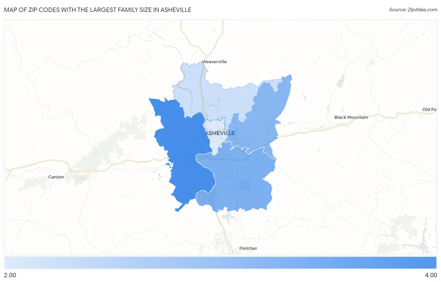 Zip Codes with the Largest Family Size in Asheville Map