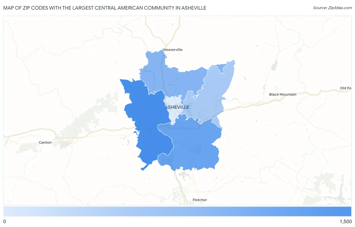 Zip Codes with the Largest Central American Community in Asheville Map