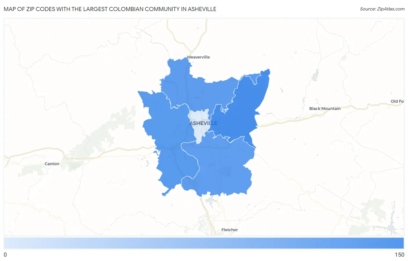 Zip Codes with the Largest Colombian Community in Asheville Map