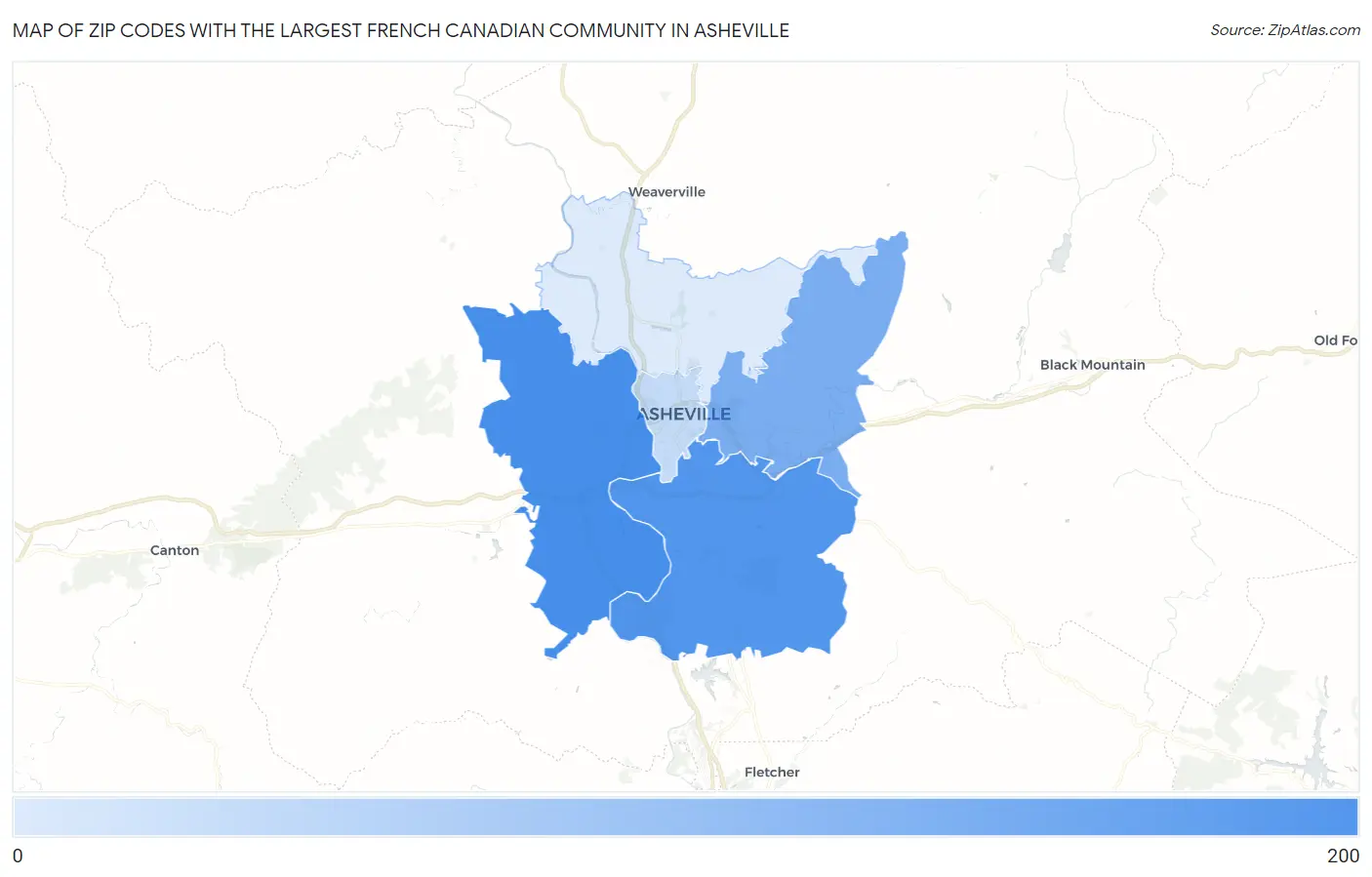 Zip Codes with the Largest French Canadian Community in Asheville Map