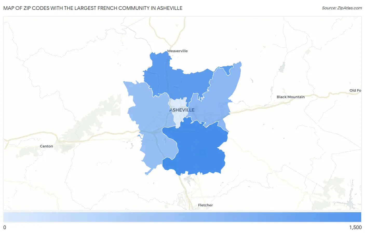 Zip Codes with the Largest French Community in Asheville Map
