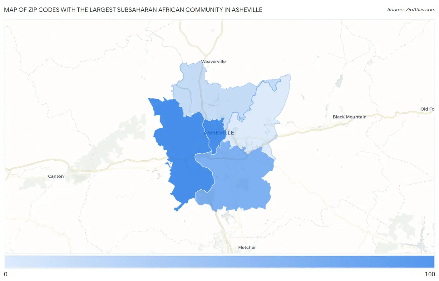 Zip Codes with the Largest Subsaharan African Community in Asheville Map
