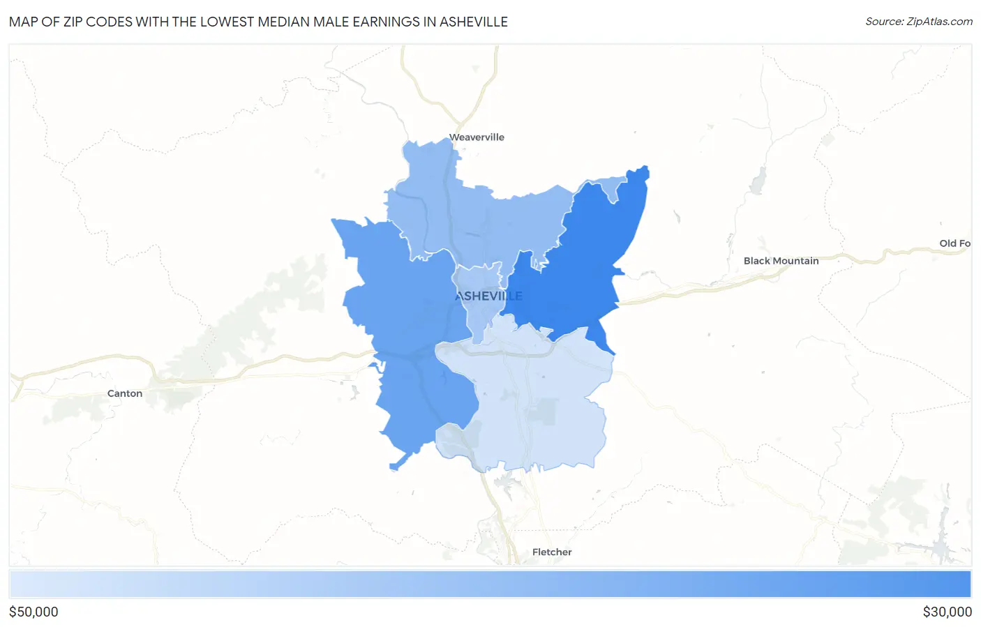 Zip Codes with the Lowest Median Male Earnings in Asheville Map