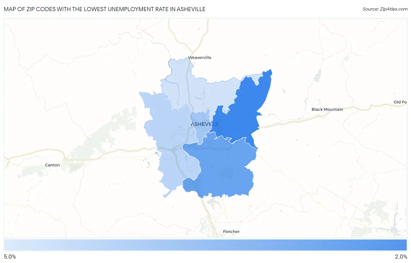 Zip Codes with the Lowest Unemployment Rate in Asheville Map
