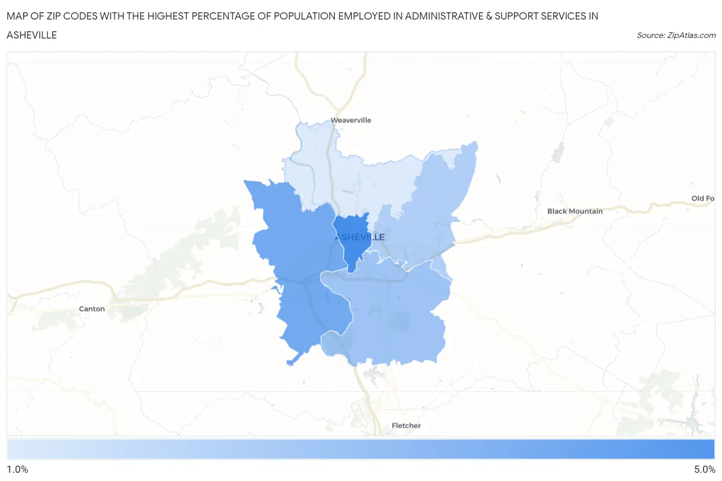 Zip Codes with the Highest Percentage of Population Employed in Administrative & Support Services in Asheville Map