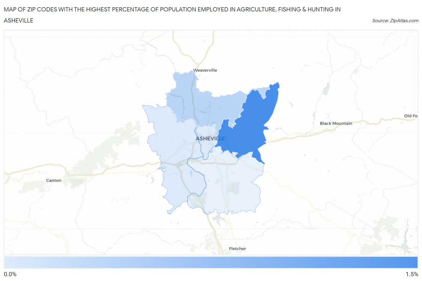 Zip Codes with the Highest Percentage of Population Employed in Agriculture, Fishing & Hunting in Asheville Map