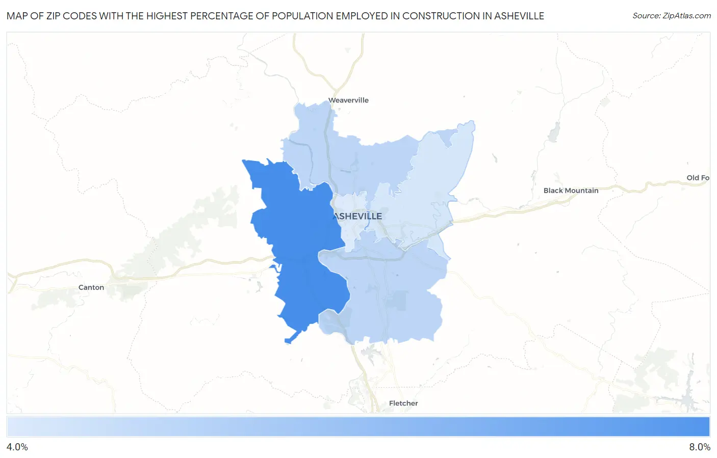 Zip Codes with the Highest Percentage of Population Employed in Construction in Asheville Map