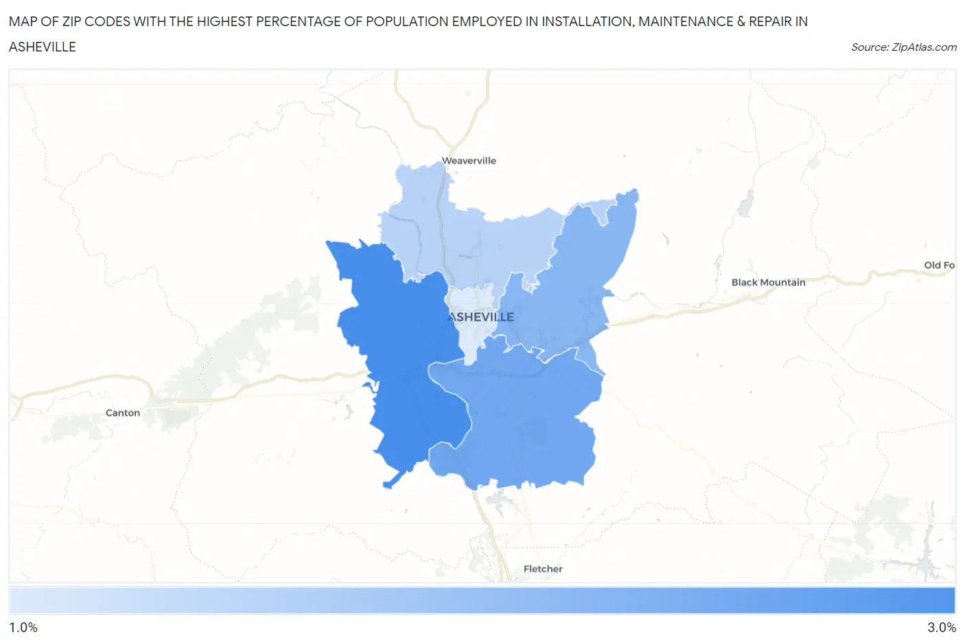 Zip Codes with the Highest Percentage of Population Employed in Installation, Maintenance & Repair in Asheville Map