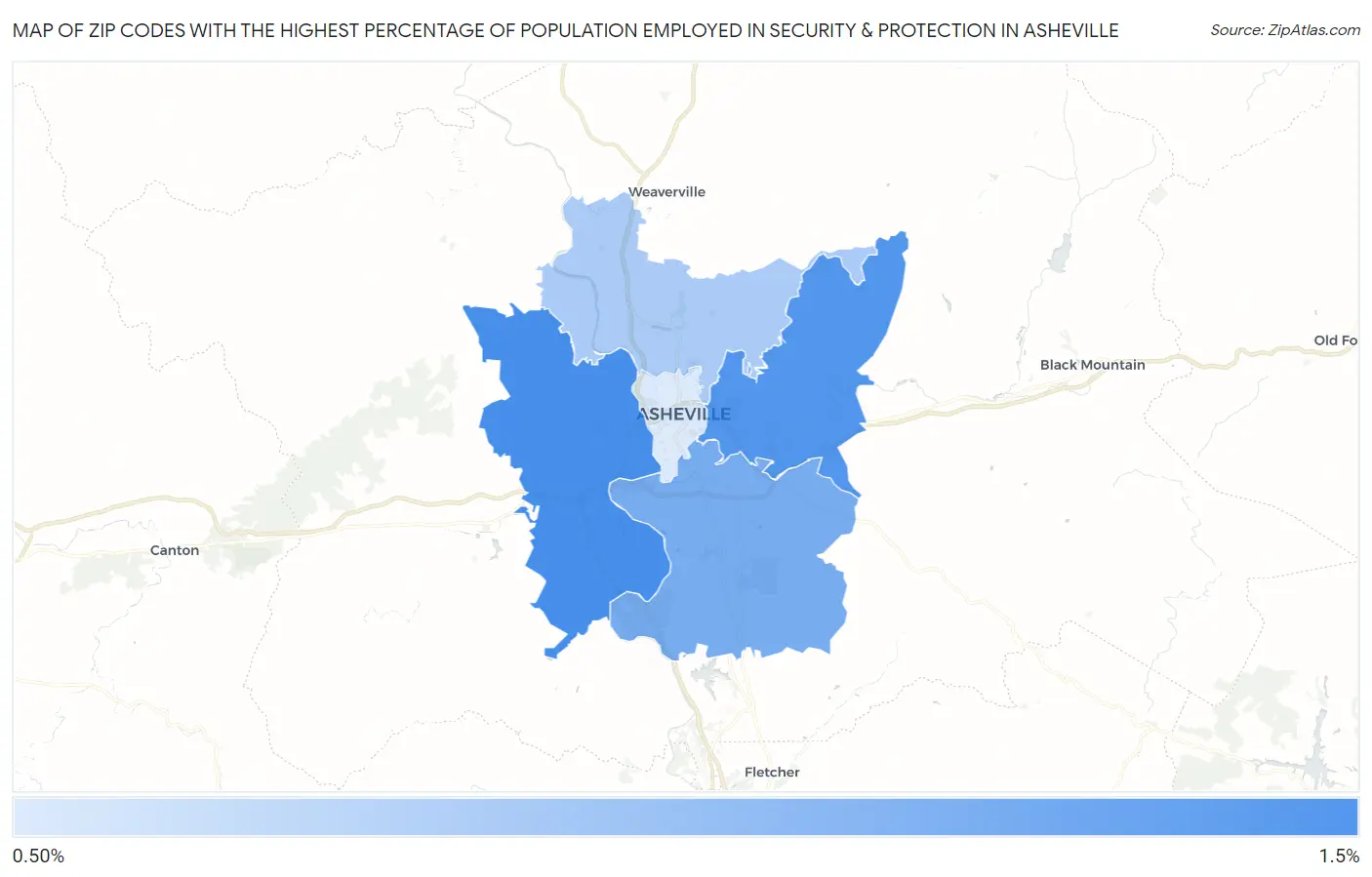 Zip Codes with the Highest Percentage of Population Employed in Security & Protection in Asheville Map