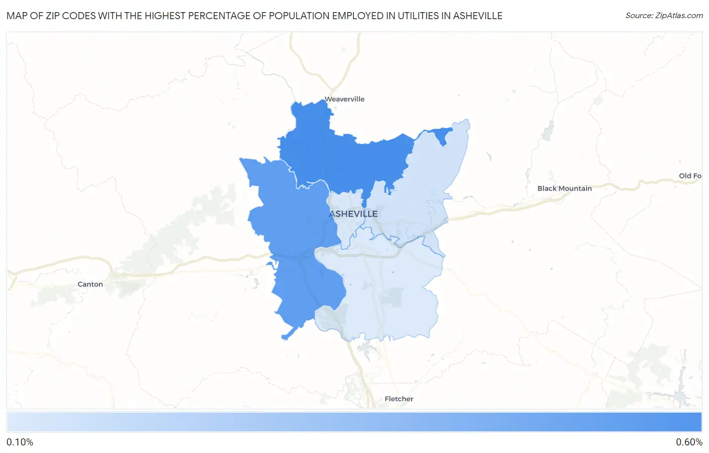 Zip Codes with the Highest Percentage of Population Employed in Utilities in Asheville Map