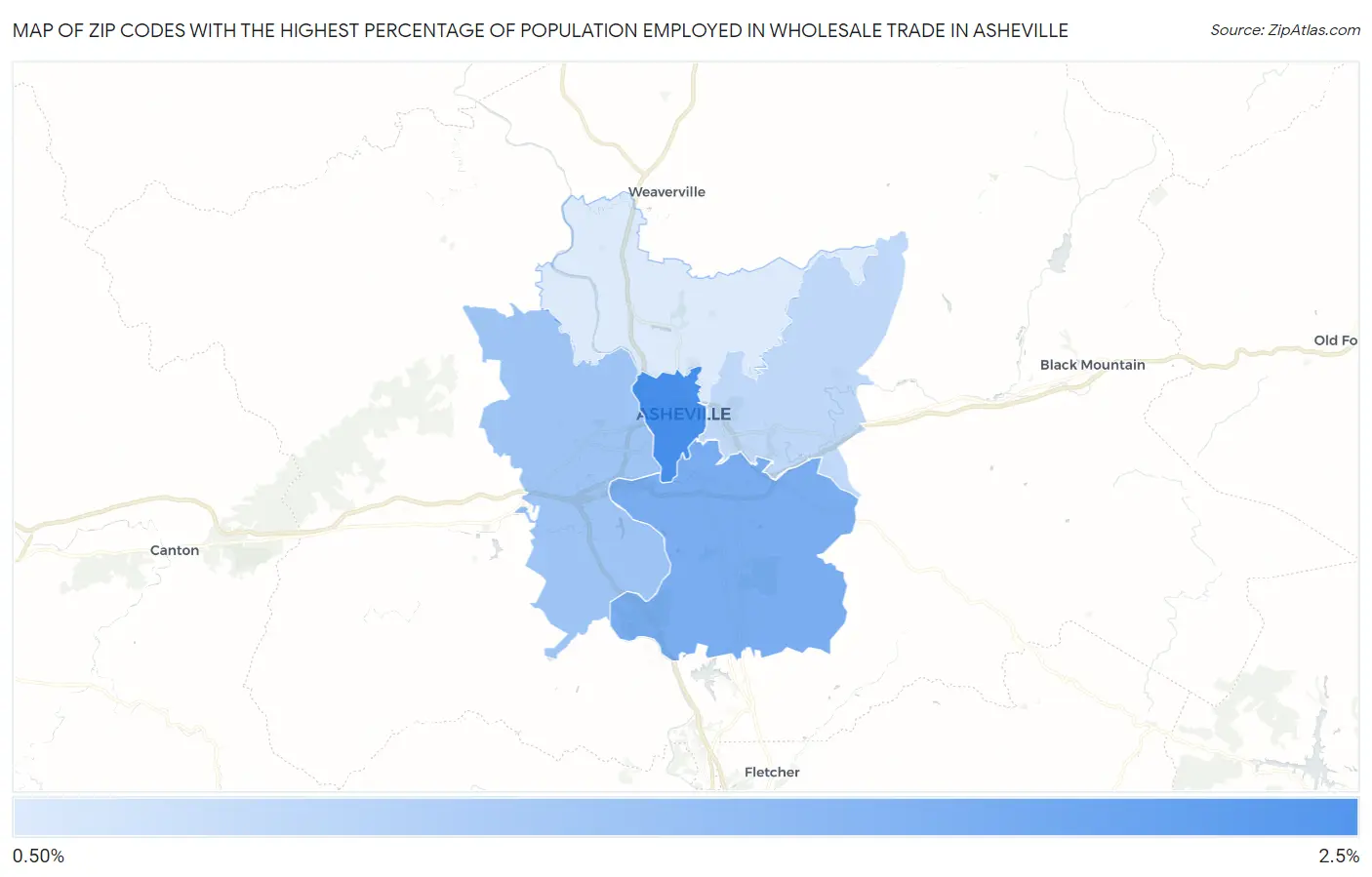 Zip Codes with the Highest Percentage of Population Employed in Wholesale Trade in Asheville Map