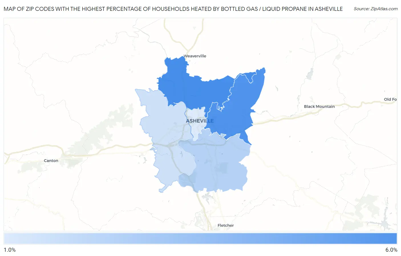 Zip Codes with the Highest Percentage of Households Heated by Bottled Gas / Liquid Propane in Asheville Map