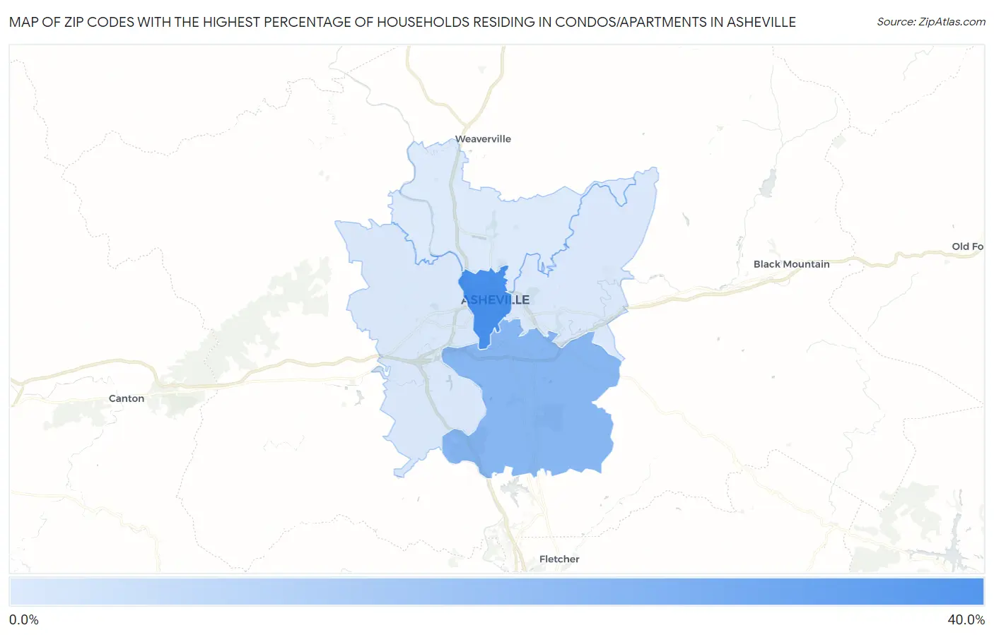 Zip Codes with the Highest Percentage of Households Residing in Condos/Apartments in Asheville Map