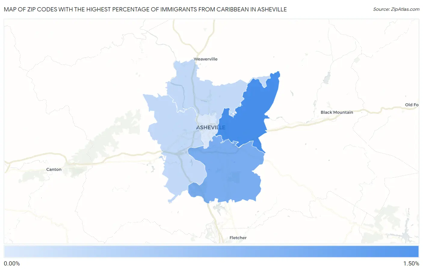 Zip Codes with the Highest Percentage of Immigrants from Caribbean in Asheville Map