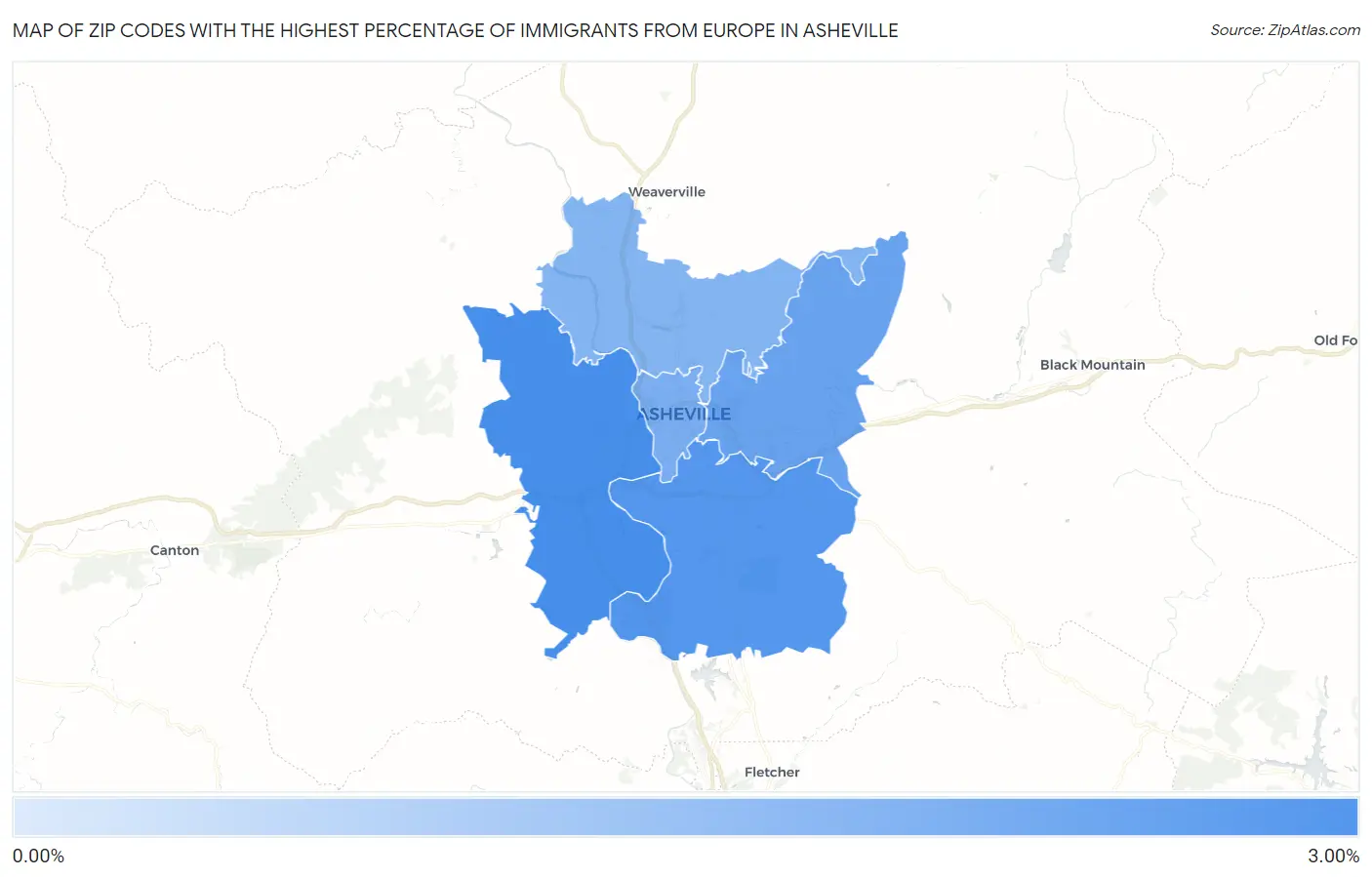 Zip Codes with the Highest Percentage of Immigrants from Europe in Asheville Map