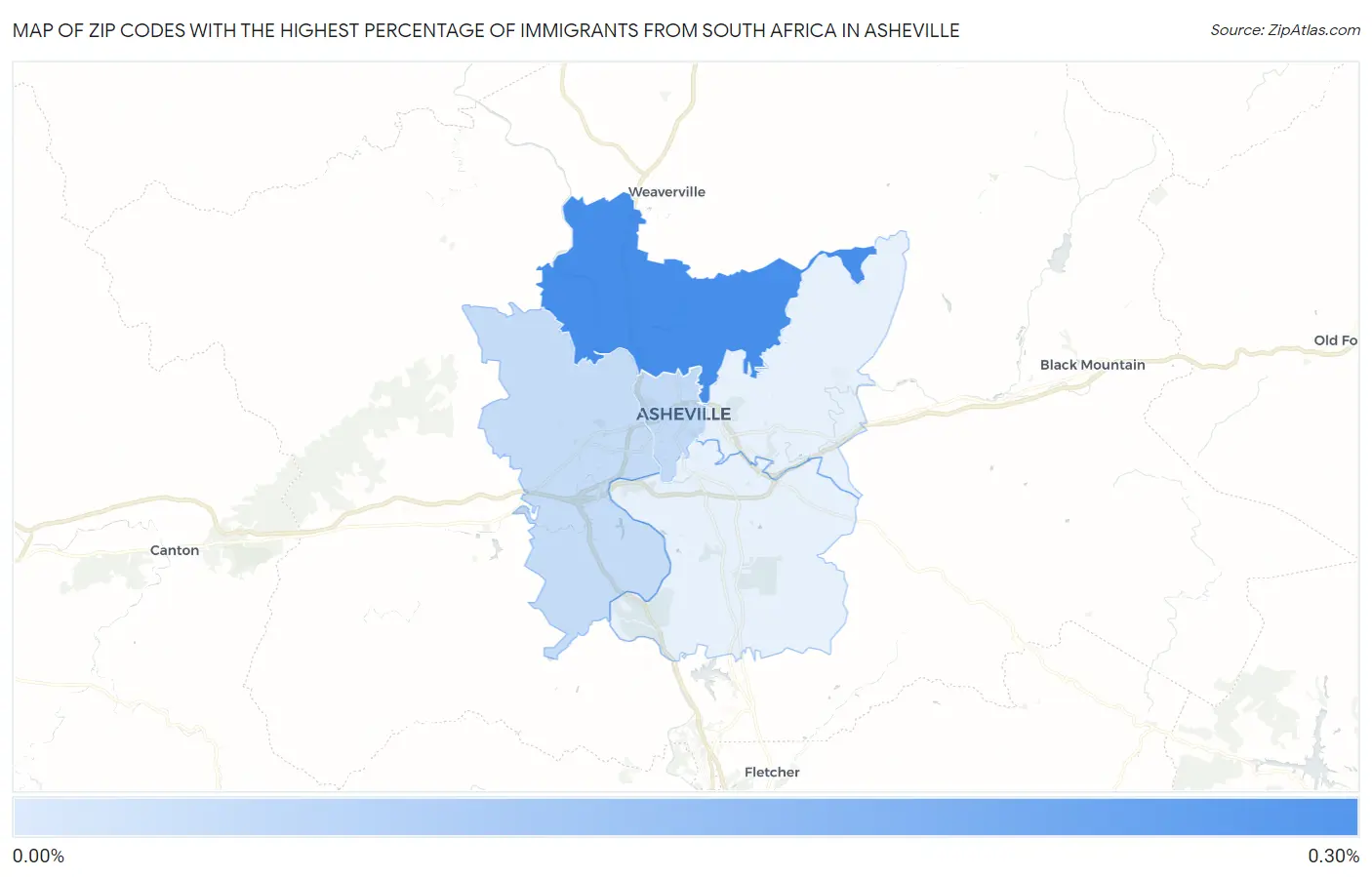 Zip Codes with the Highest Percentage of Immigrants from South Africa in Asheville Map