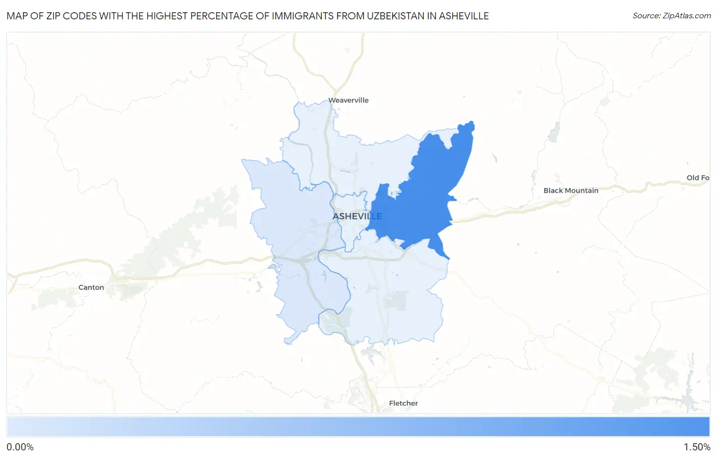 Zip Codes with the Highest Percentage of Immigrants from Uzbekistan in Asheville Map