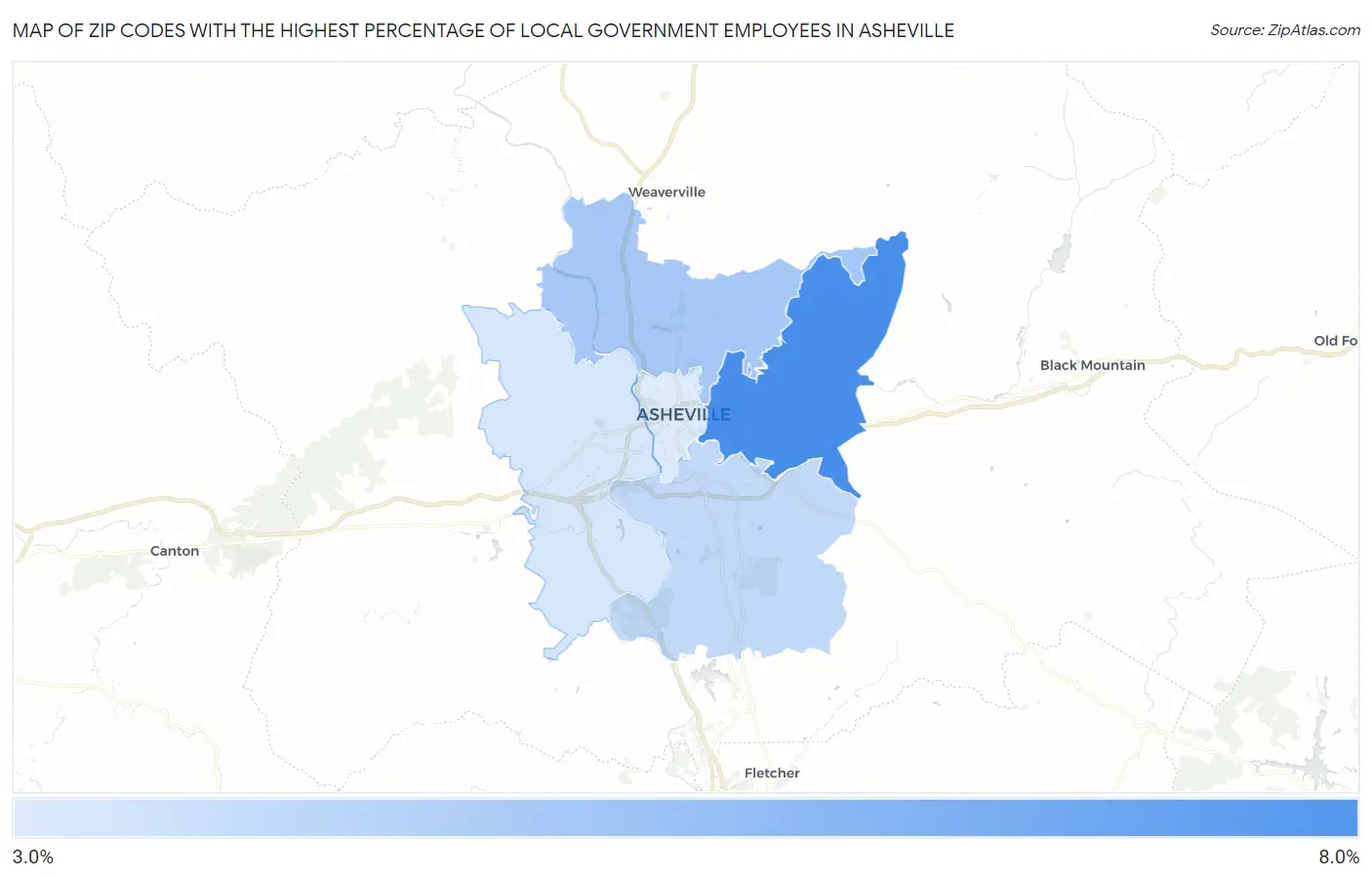Zip Codes with the Highest Percentage of Local Government Employees in Asheville Map
