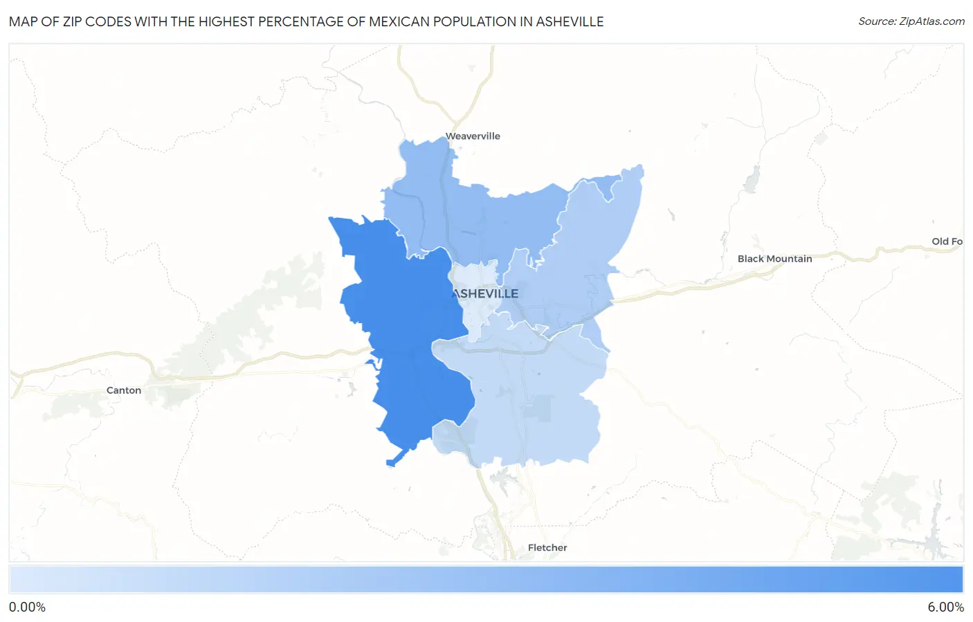 Zip Codes with the Highest Percentage of Mexican Population in Asheville Map