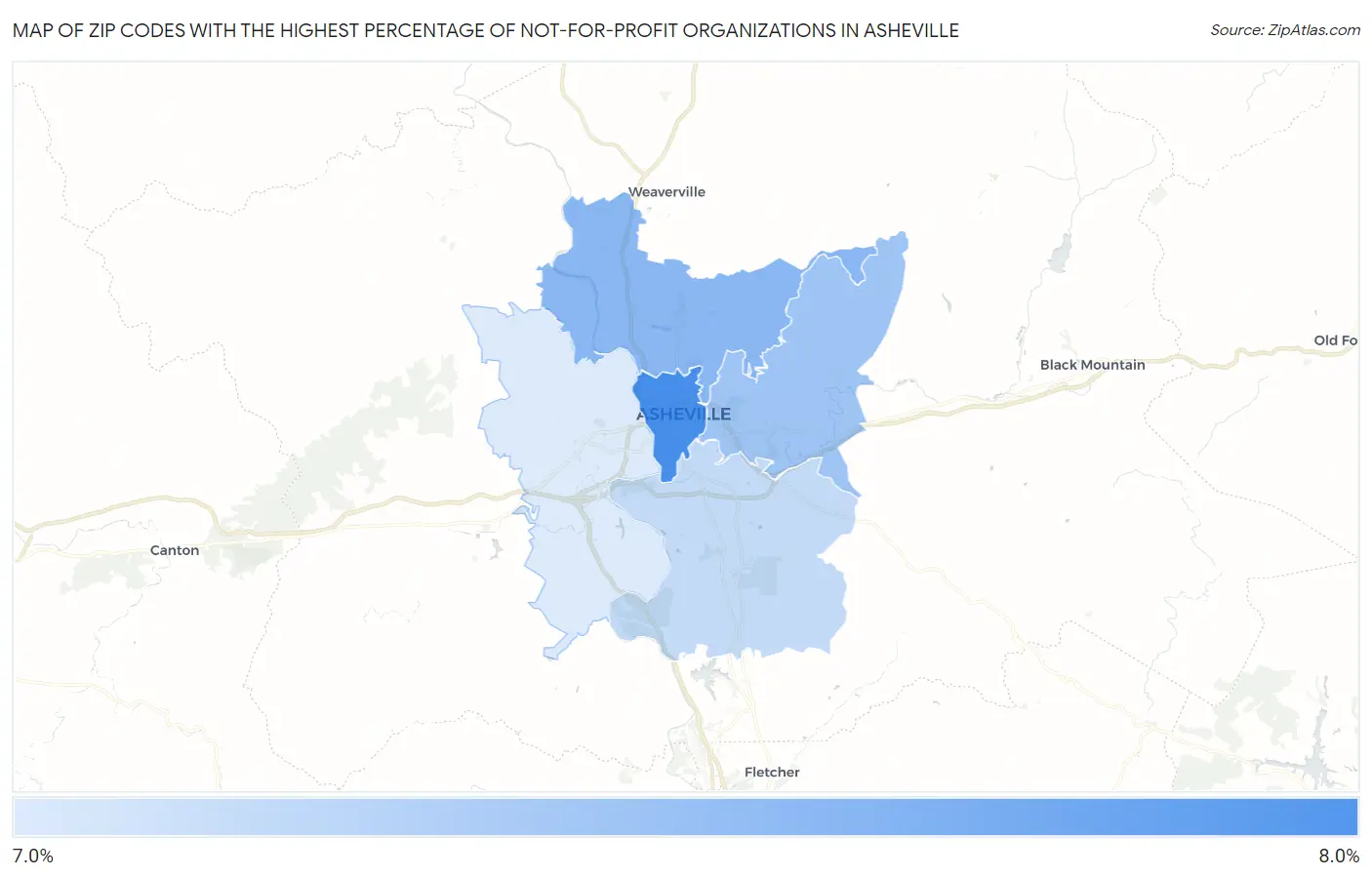 Zip Codes with the Highest Percentage of Not-for-profit Organizations in Asheville Map